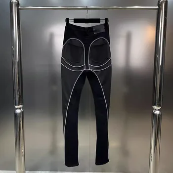 2023 Есен Ново пристигане Контрастен цвят отразяващ раиран черен деним молив панталони жени тънък дънки GL850
