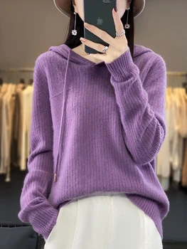 Addonee Дамски пуловер Casual Hoodie 100% Merino вълна твърди дълъг ръкав кашмир плетен пуловер корейски 2023 есен зима отгоре