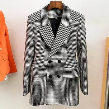 HIGH STREET Най-новата мода 2024 дизайнерски палта Жените двуреден вълна смес Houndstooth туид палто