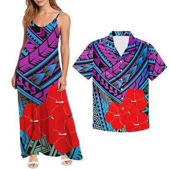 HYCOOL Лятна крайбрежна плажна рокля градиент полинезийски племенен печат случайни 2бр съвпадение двойка екипировки ваканция рокля без ръкави