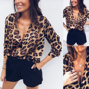 Hirigin леопард печат блуза дамски дълъг ръкав V врата мода дами секси риза извънгабаритни хлабав върховете връхни дрехи