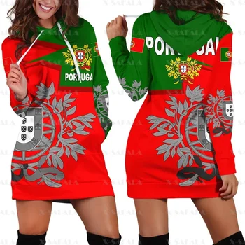 Love Portugal Country Flag New Harajuku Novelty 3D Print Autumn Hoodies Dress Women Casual Wear Long Sleeve Hooded Dress-1