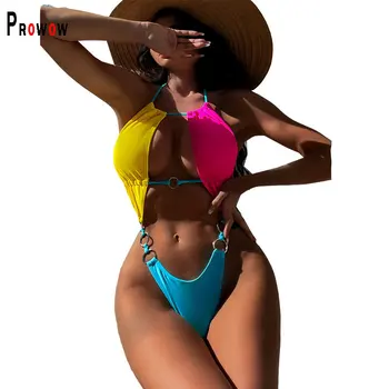 Prowow Секси кухи жени Бански костюми от едно парче Цветове Пачуърк Мода Летни бански Плувни облекла 2023 Нови плажни екипи
