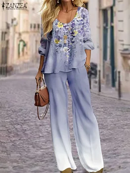 ZANZEA Модна блуза и панталони костюми Дамски комплект панталони за печат на цветя Бохемски градиент 2бр костюм 2024 пролетен празничен анцуг