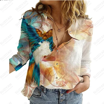 Горещи продажба нов стил темперамент хлабав ръкав риза жените елегантен мода случайни бутон риза цвете 3D печат жените отгоре