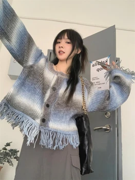 Дамска жилетка Y2K пискюл плетен пуловер женски Harajuku мода изрязани трикотаж Топ дами есен корейски хлабав жилетки