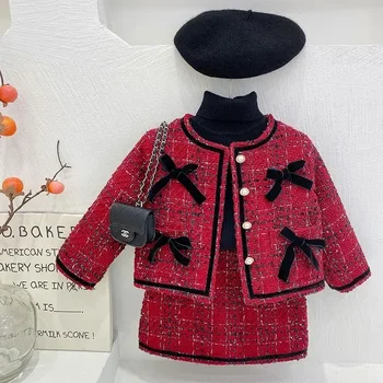 Дамски червен подплатен моден костюм Есенно зимно парти палто за бебе момиче малко дете с памук Комплекти от две части Детски дрехи Момичета