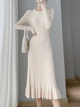 Есен жени мода елегантна плетена рокля дълъг ръкав реколта случайни A-линия твърди пуловер рокли женски шик парти Vestidos