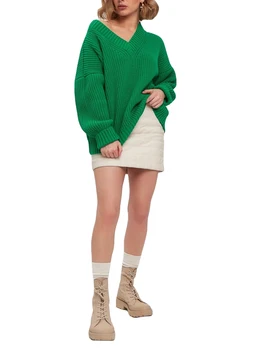 Есенни пуловери за жени 2023 V врата плътен цвят дълъг ръкав хлабав плетен пуловер буци пуловер