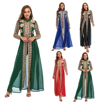 Жени Мюсюлмански рокли Празник ислямско облекло Marocan Caftan Елегантен дълъг ръкав мюсюлмански Sundress жени Casual Дубай Турция рокля
