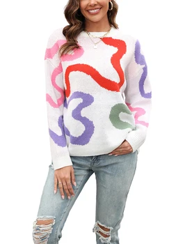 Жените есен хлабав плета върховете контраст цвят графичен печат дълъг ръкав кръг врата пролетта пуловери трикотаж