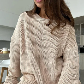 Извънгабаритни твърди плетени пуловер жени 2023 есен случайни дълъг ръкав O-образно деколте хлабав топло дебели пуловери корейски мода пуловери