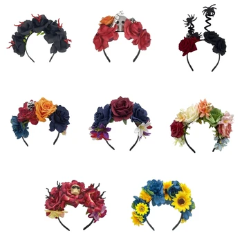 Моден обръч за коса със симулирано цвете &череп жени Хелоуин стайлинг лента за коса