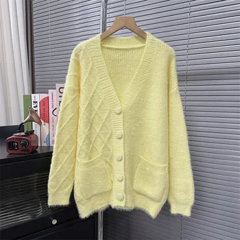 Пуловер Дамски есенни жилетки Жълт цвят Извънгабаритни японски мързеливи ретро v-образно деколте плетено яке джъмпери y2k дрехи