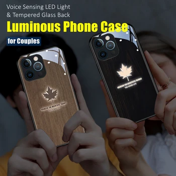 Светещ кленов лист LED светлина светеща закалено стъкло обратно телефон случай за OPPO Reno 4 5 6 7 8 9 Намерете X5 Realme X50 Pro Plus SE
