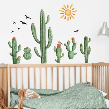 Стикери за стена от кактуси и птици за декорация на спалня, подвижни PVC стикери за стена, самозалепващи