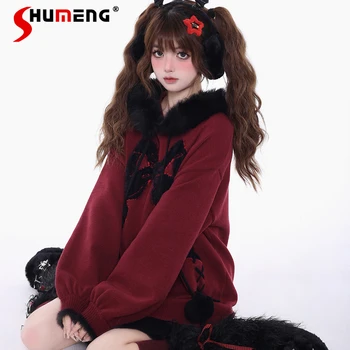 японски сладък хладен коледен новогодишен лък черен червен хлабав случаен трикотаж есен и зима кожа яка пуловер Sueters De Mujer