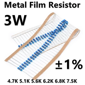  (10pcs) 3W метален филм резистор 1% пет цвят пръстен точност резистор 4.7K 5.1K 5.6K 6.2K 6.8K 7.5K ома Ω