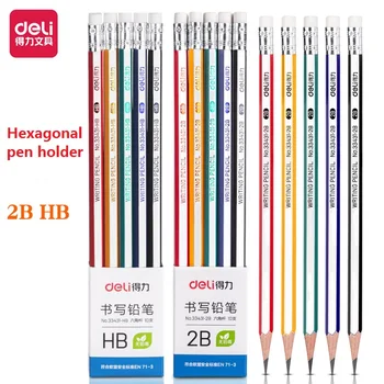 10pcs/Set Deli Pencil 2B/HB Ученици Шестоъгълен полюс Начално училище писане писалка с гума за деца дърво моливи рисуване Supplie