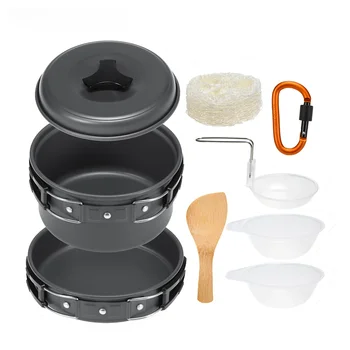 10pcs Къмпинг съдове за готвене Mess Kit Готварски комплект Оборудване за готвене на открито Pot Pan Bowls Backpacking Туристически съоръжения Къмпинг консумативи