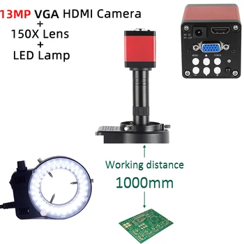 13MP VGA HDMI цифров микроскоп видео камера комплект монокулярен + 150X регулируем обектив + LED светлина костюм PCB за ремонт телефон спойка