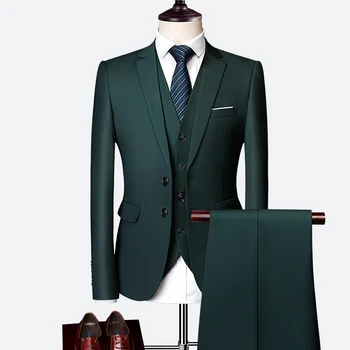 14 цвята 5XL (яке + жилетка + панталони) Висок клас марка официален бизнес мъжки костюм три части младоженец сватбена рокля плътен цвят костюм