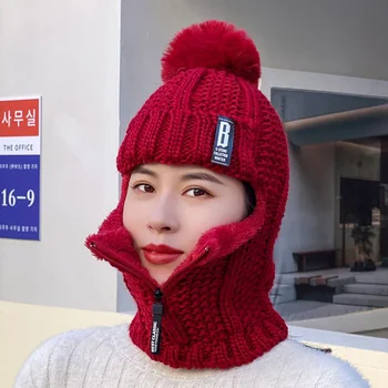 1Pc жени вълна плетена шапка ски шапка ветроупорен зимата открит плета дебели сиамски шал яка топло запази лицето топло шапки