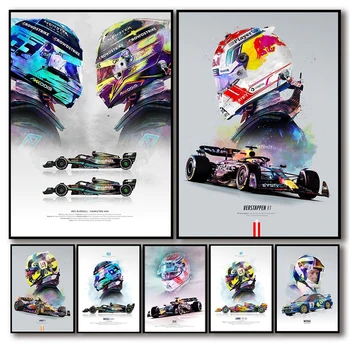 2023 Акварел Формула 1 Гран При състезателен пилот плакат Естетически F1 състезател каска Motorsport платно стена изкуство Начало стая декор