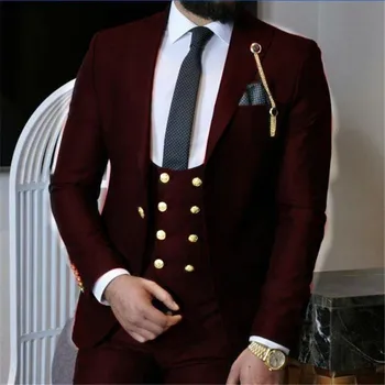 2023 Горещо бургундско 3 броя мъже костюми тънък годни сватбени младоженци смокинги с един бутон официален абитуриентски бизнес костюм (яке + панталони + жилетка)