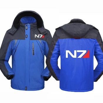 2023 Есен Зима N7 Mass Effect лого печат Удебелено топло пачуърк палто Мъжко небрежно яке за предотвратяване на студ с качулка