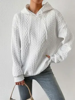 2023 Есенен плетен пуловер Жени Зимен пуловер с качулка Дамски пуловер Топъл хлабав бял черен пуловер жени