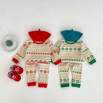 2023 Коледни бебешки дрехи 0-3 години новородено момче момиче дълъг ръкав пуловер върхове + панталон 2PCS Шезлонги Пижами Комплект Коледа Спално облекло