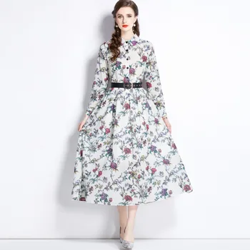 #2426 Флорални печатни рокля висока талия крила линия случайни риза рокля жени дълъг ръкав реколта шифон дамски рокли