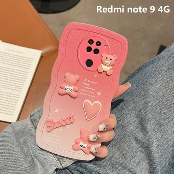 3D вълнообразен градиентен калъф за телефон със сладка мечка за Xiaomi Redmi Note 9 Redmi Note 10 Redmi Note 10 Pro Защита на гривната Заден капак