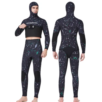 3MM камуфлажен водолазен костюм Chloroprene каучук гмуркане костюм мъжки сърф костюм 2-парче дълъг ръкав качулка дълбоко гмуркане неопренов костюм