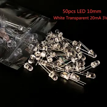 50pcs LED 10mm бял прозрачен 20mA 3V ултра ярък кръгъл излъчващ диод лампа вода ясно през отвор крушка10 mm LED светлина