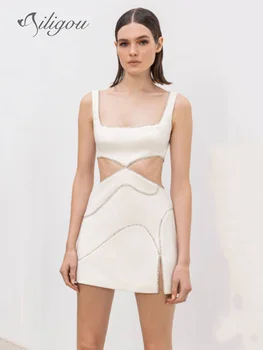 Ailigou 2023 Нова лятна дамска бяла секси луксозна диамантена жилетка клубно облекло мода без ръкави мини превръзка рокля