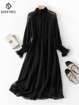Birdtree 100% черница коприна рокли жените стойка яка ластик дълги ръкави плаж офис черно макси рокля лято D36415JM