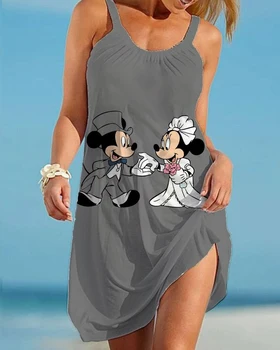 Disney Мики Маус печат жени Causual O врата без ръкави къдри мини рокля Boho Beach Sundress извънгабаритни хлабав рокля лято