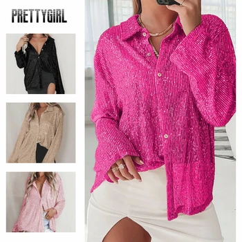 Glitter пайети риза жените вечеря блуза върховете искрящ бутон нагоре риза яка дълъг ръкав лъскав парти блузи