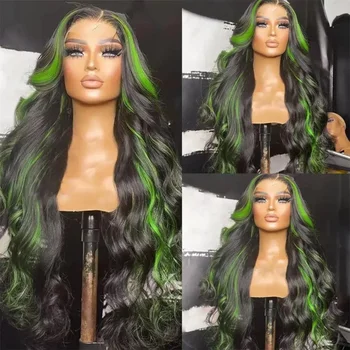 Green Highlight 13 * 4 дантела синтетична перука скункс ивица дълго вълнообразна дантела предни перуки тялото вълна черно смесени зелени перуки за жени