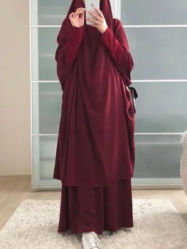 Jilbab Комплект от 2 части Дубай ислямско облекло над главата Abaya Khimar + пола мюсюлмански жени молитвени екипи Рамадан Ейд Хиджаби