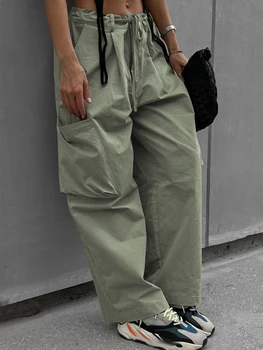 Jyate реколта хлабав зелени карго панталони жените мода дантела нагоре прави панталони улично облекло шик пълна дължина панталони женски джобове
