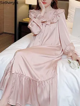 Kawaii Нощници жени френски стил реколта женски дълъг ръкав спално облекло елегантни къдри лято удобни гореща продажба Mew Midi
