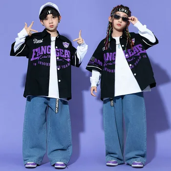 Kid Hip Hop Clothing Black Baseball Cardigan Shirt Denim Blue Casual Baggy Jeans Pants for Girl Boy Jazz Dance Costume Clothes