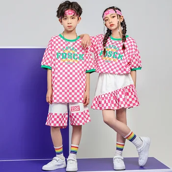 Kid kpop хип-хоп роза карирана тениска топ ежедневни летни шорти пола мини за момиче момче джаз танц костюм комплект екипировки дрехи