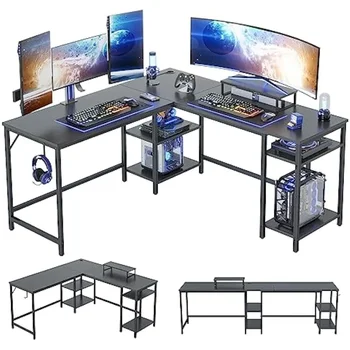  L оформено бюро с място за съхранение, 94.8 инчово обратимо ъглово компютърно бюро или бюро за дълга маса за 2 души, домашен офис, компютърно бюро