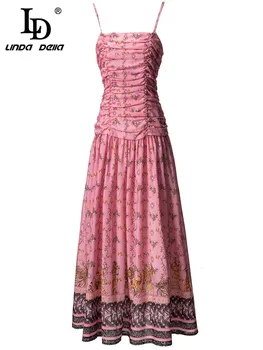 LD LINDA DELLA Нова лятна рокля на моден дизайнер 2023 Дамска каишка за спагети Розов цветен принт Ваканция Миди рокли