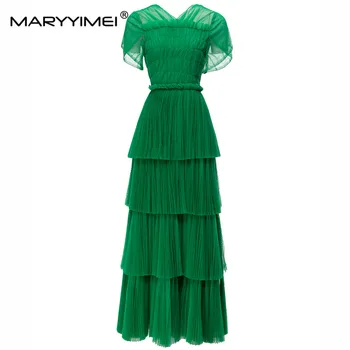 MARYYIMEI Твърда рокля с къс ръкав V-образно деколте 2023 пролет лято нова празнична торта слой дълги рокли