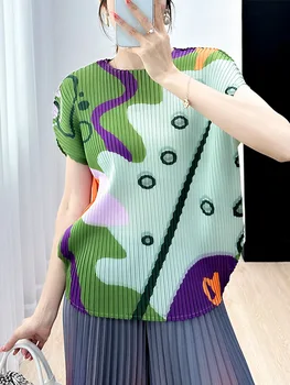 Miyake Плисирани печатни върхове Жени 2023 Есен Нова тениска Casual Loose Корейска модна риза